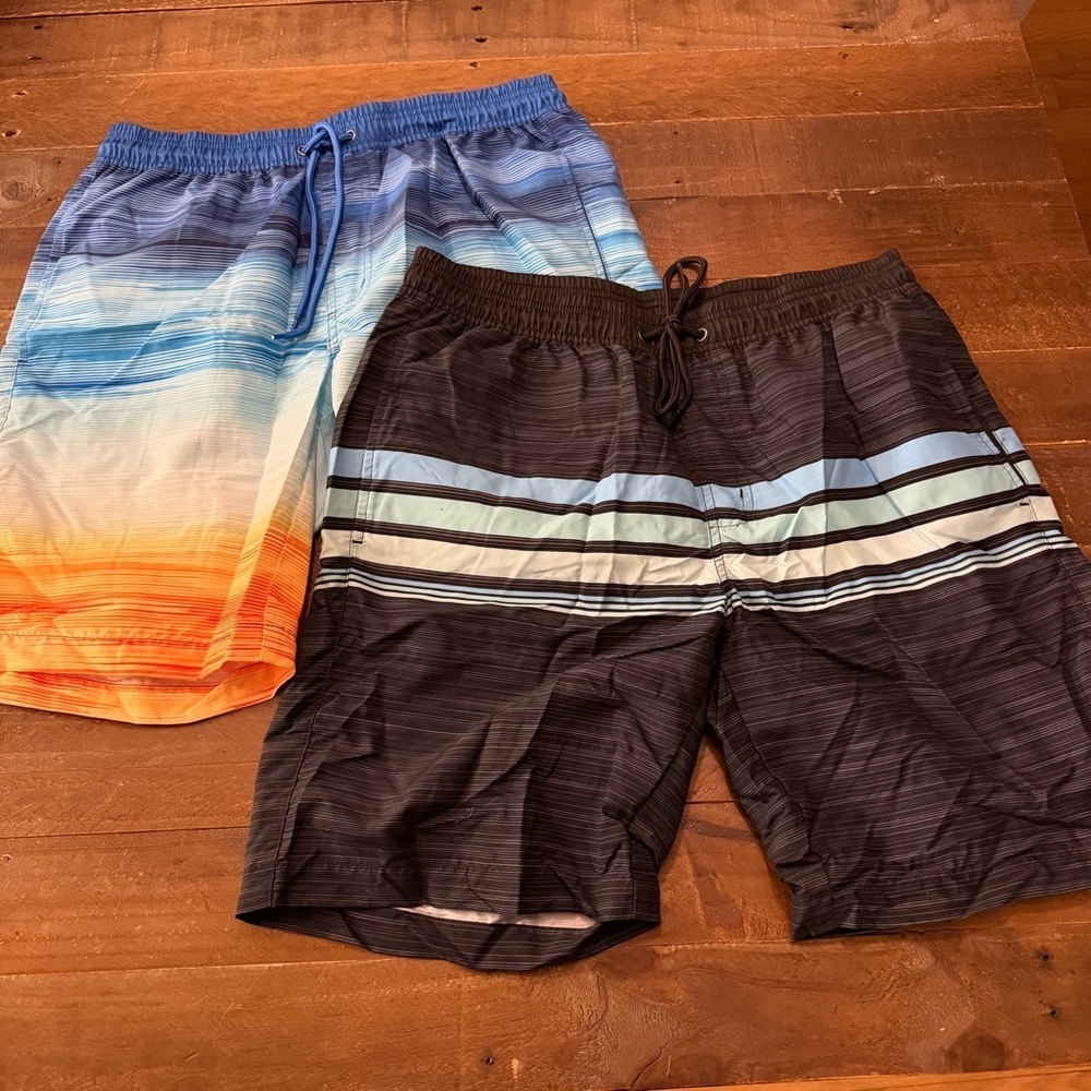 Hot Coals 2 Pack Striped Swim Shorts Set in black and blue orange